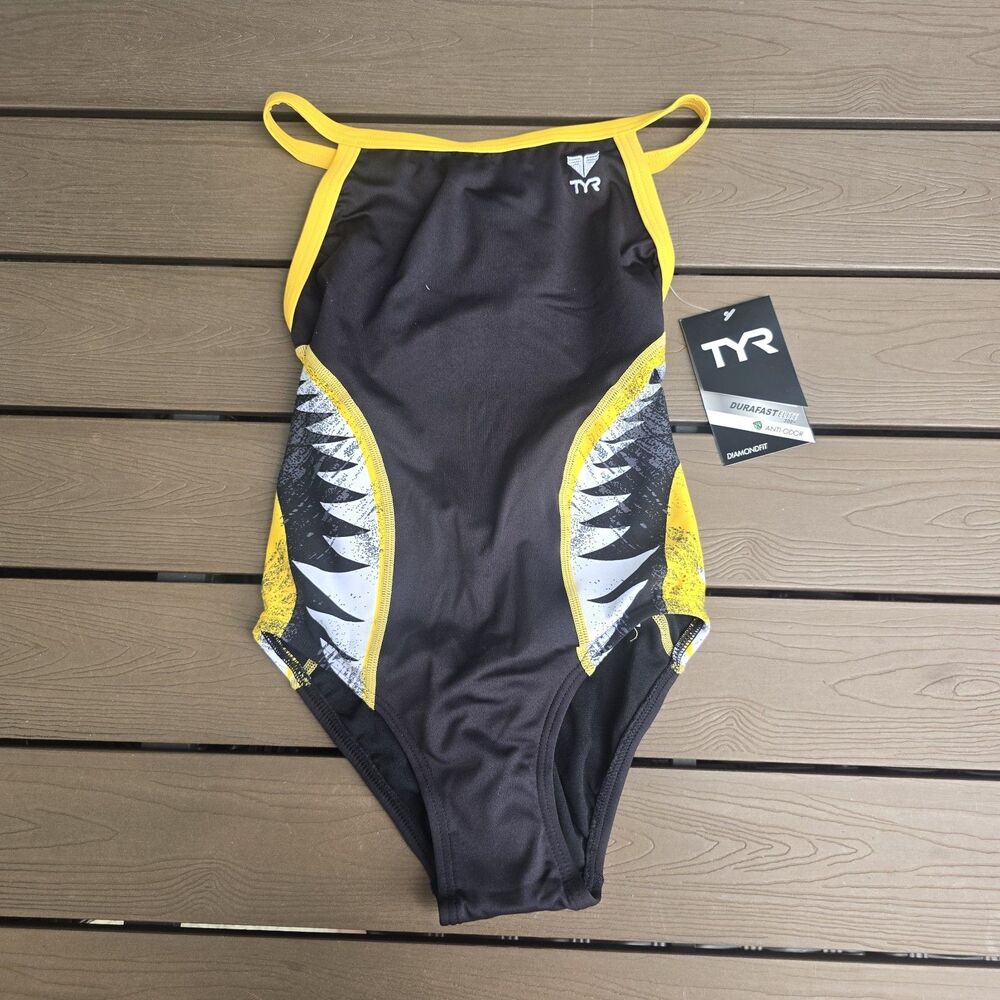 TYR Women's Durafast Shark Bite Diamondfit 1 Piece Swimsuit Gold/black Sz 34 New